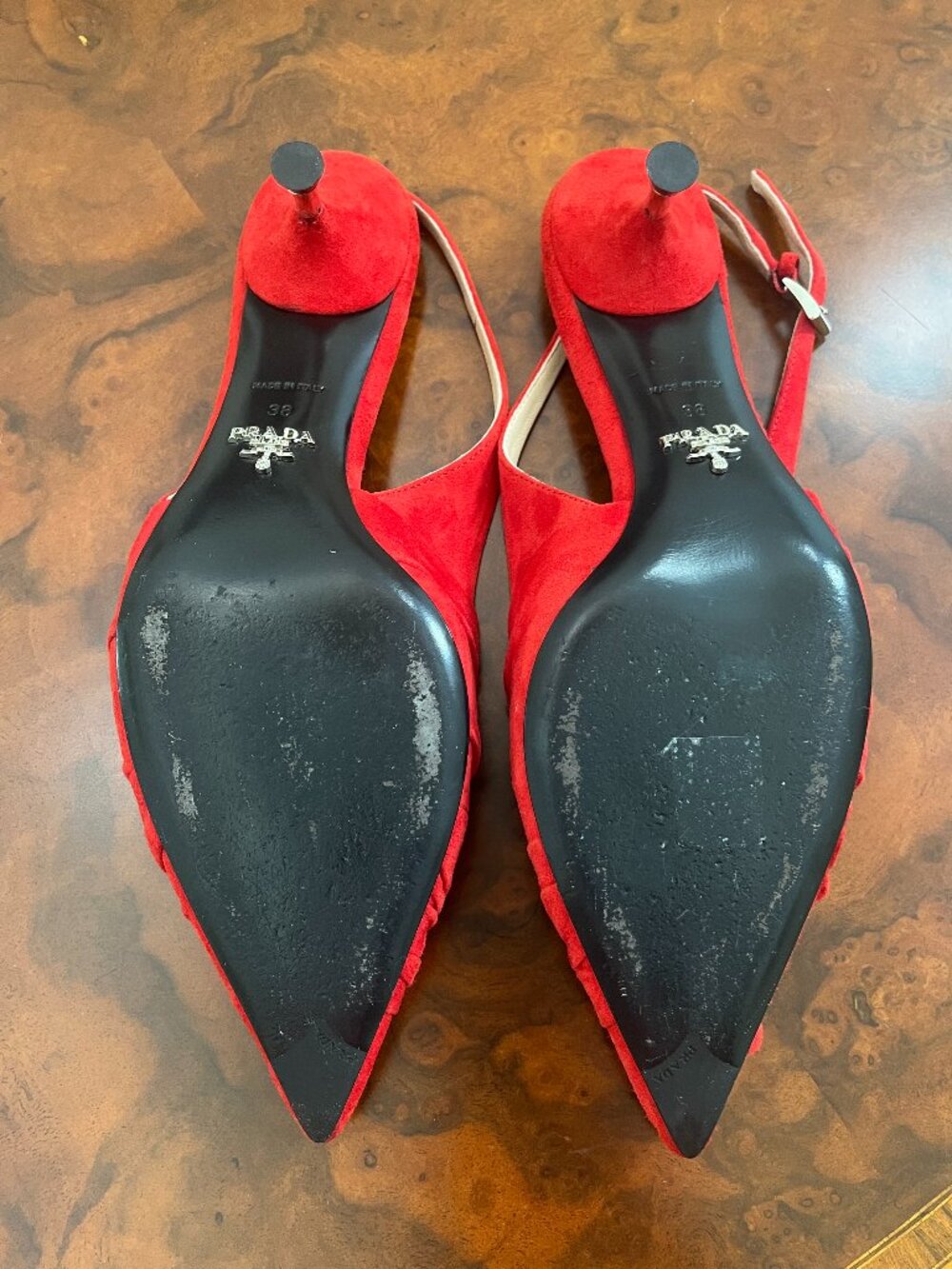 PRADA Red Suede Twist Slingback Pointed Toe Sandals Size IT 38 US 7 - Picture 7 of 11